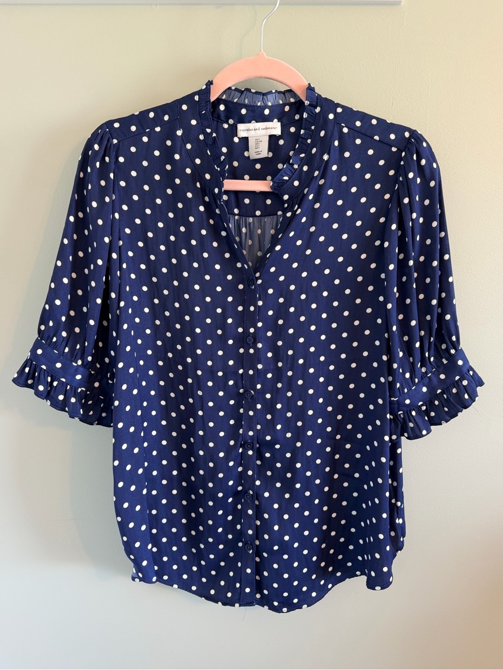 cupcakes & cashmere Navy and White Polka Dot Ruffle-Sleeve Blouse